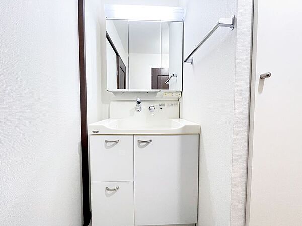 三面鏡なので髪型やメイクの確認がしやすく収納も充実した快適な洗面スペースです♪