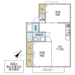 サンセジュールA 2LDKの間取図画像