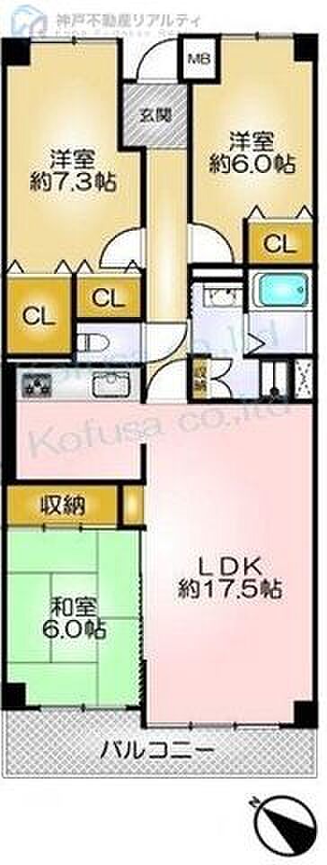 須磨白川台レックスマンション(3LDK) 7階の間取り