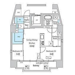 デュオフラッツ品川戸越 13階2LDKの間取り