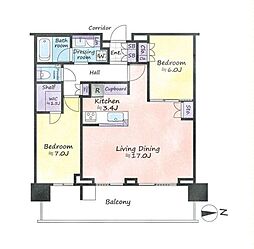 晴海フラッグパークビレッジ T 33階2LDKの間取り