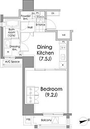 パークハビオ戸越 11階1DKの間取り