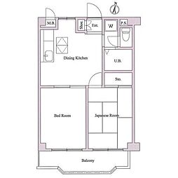 ガーデンヒルズ壱番館 1階2DKの間取り