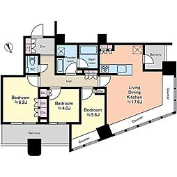 パークタワー勝どきサウス 39階3LDKの間取り