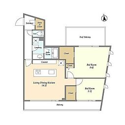 プライムアーバン目黒東山 4階2LDKの間取り
