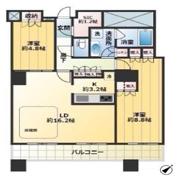 玄関横に約1.2帖のシューズインクローゼットを備えた2LDKの間取りで、約16.2帖のLDには床暖房が設置されており、各居室や廊下、キッチン周りなど随所に収納スペースが配置されたレイアウトです。