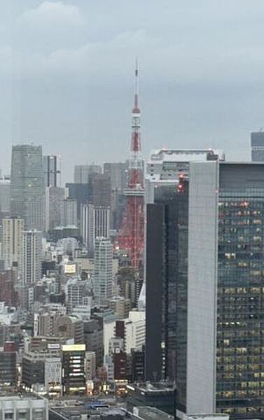 高層階の窓からは周辺に立ち並ぶオフィスビル群や赤と白のシンボルタワーを見渡すことができ、都市部の開けた景観を望むことができる室内からの景色となっております。