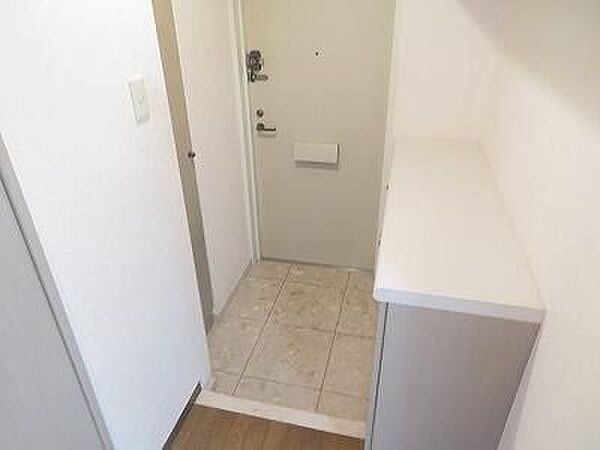 タイル調のたたきとホワイトを基調としたクロスで仕上げられた玄関には、天板部分を活用できるロータイプのシューズボックスが備え付けられており、すっきりとした整然とした印象を与えます。