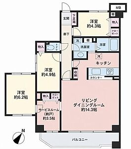 間取り:約14.3帖のLDKにカウンターキッチンを備えた間取りで、3つの洋室と約3.5帖のサービスルームに加え、各居室や廊下に物入やクローゼットなど豊富な収納スペースが配置されています。 間取り:約14.3帖のLDKにカウンターキッチンを備えた間取りで、3つの洋室と約3.5帖のサービスルームに加え、各居室や廊下に物入やクローゼットなど豊富な収納スペースが配置されています。