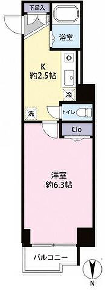 約2.5帖のキッチンと約6.3帖の洋室からなる間取りで、玄関には下足入、洋室にはクローゼットを備えたほか、バス・トイレ別で洗濯機置場も室内に確保されたレイアウトになっています。