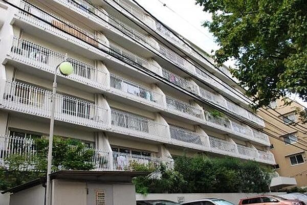 白を基調としたシンプルなデザインの外観で、各住戸のバルコニーには格子状の白い手すりフェンスが設置されており、敷地沿いには緑豊かな植栽が整えられています。