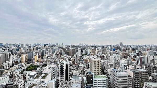 高層階からの屋外風景を捉えた写真となっており、周辺には多様なビルやマンションなどの建造物が広がっているほか、上空には大きな空を見渡すことができます。