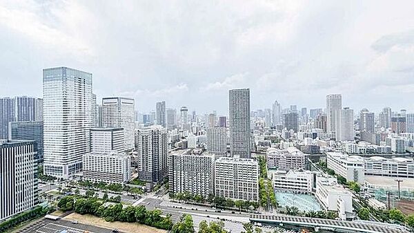 高層ビルやマンションをはじめとする建物群や街路樹の並ぶ道路など、周辺の市街地を一望できるロケーションとなっており、住戸からは周囲の街並みの様子を確認することができます。