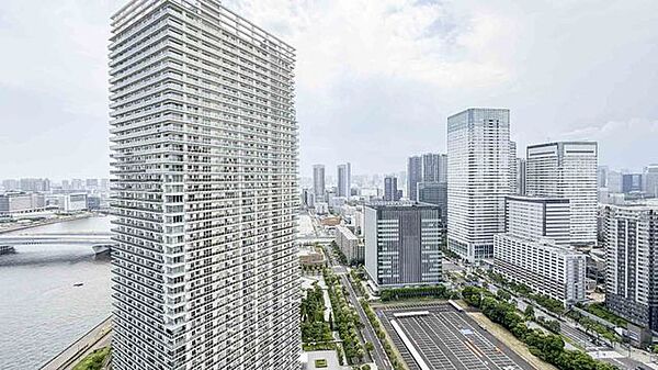 周辺には高層ビル群や水辺の景観が広がっており、眼下には整然と整備された道路や街路樹、広々とした敷地などの街並みを確認することができます。