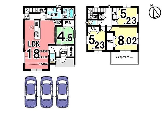 1階は和室を合わせて22.5帖の大きなお部屋としても利用可能。階段をリビング奥に配置したご家族が顔を合わせやすい間取りです。