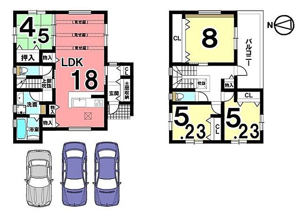 全室に収納スペースを確保。18帖のリビングはご家族の憩いの場にぴったりですね。並列で3台駐車可能です。