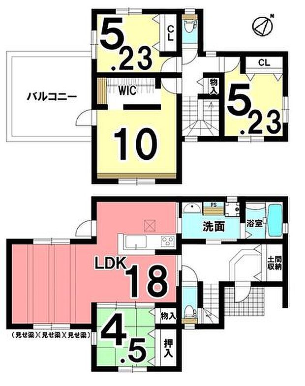 1階は和室を合わせて22.5帖の大きな空間。洗面室へはキッチンと玄関側の2か所から出入りできる便利な間取りです。