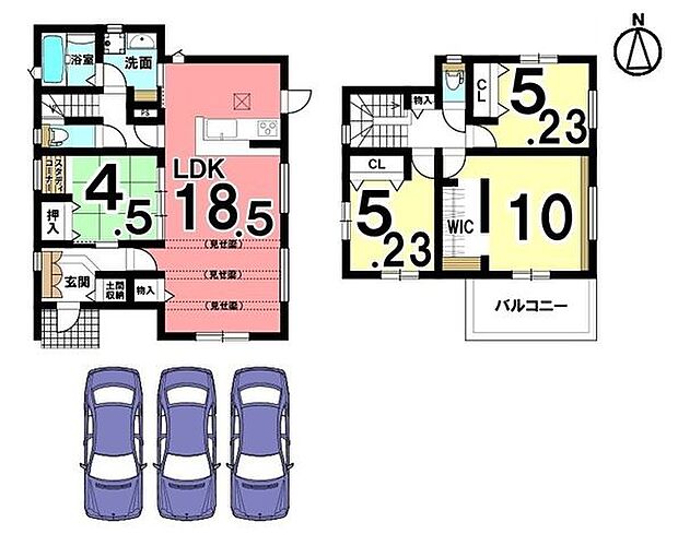 1階は和室を合わせて23帖の大きな空間。廊下部分を極力少なくして収納を豊富にもうけました。駐車は並列で3台可能です。