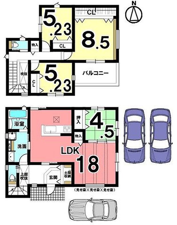 1階は和室を合わせて22.5帖の広々とした空間です。洗面室へはキッチンと玄関側から出入りできる便利な設計。駐車3台可能です。