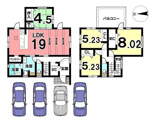LDKは広々19帖!キッチンのパントリーに加え収納スペースを豊富に確保した間取りです