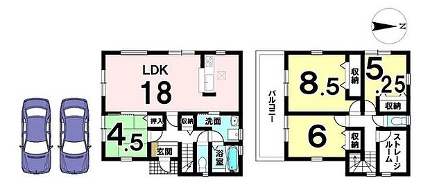 18帖の大きなLDKは南向きで日差しがたっぷり入ります。ストレージルーム（納戸）もあり収納スペースは豊富に確保されています