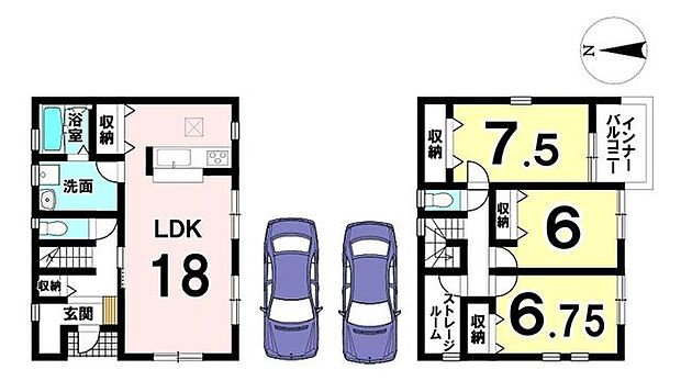 全室南向きでポカポカとあたたかな日差しが入ります。キッチン横に収納や2階ストレージルーム(納戸)等収納スペースが豊富に確保されています