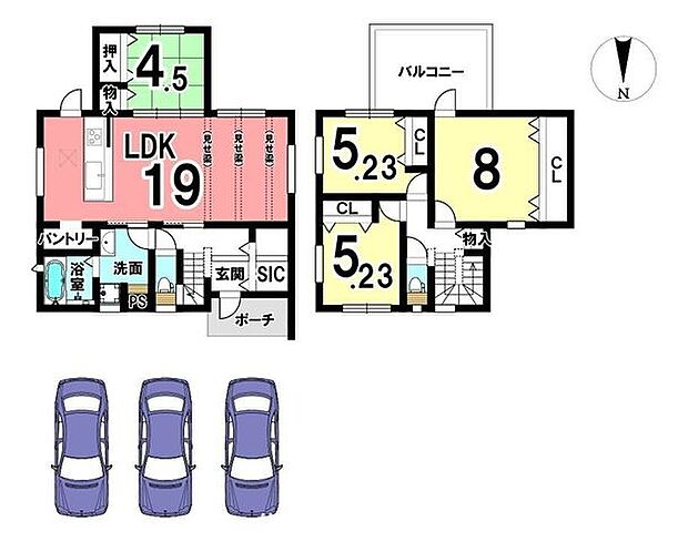 LDK19帖！収納スペースも豊富に確保しております。並列3台駐車可能は嬉しいポイントですね