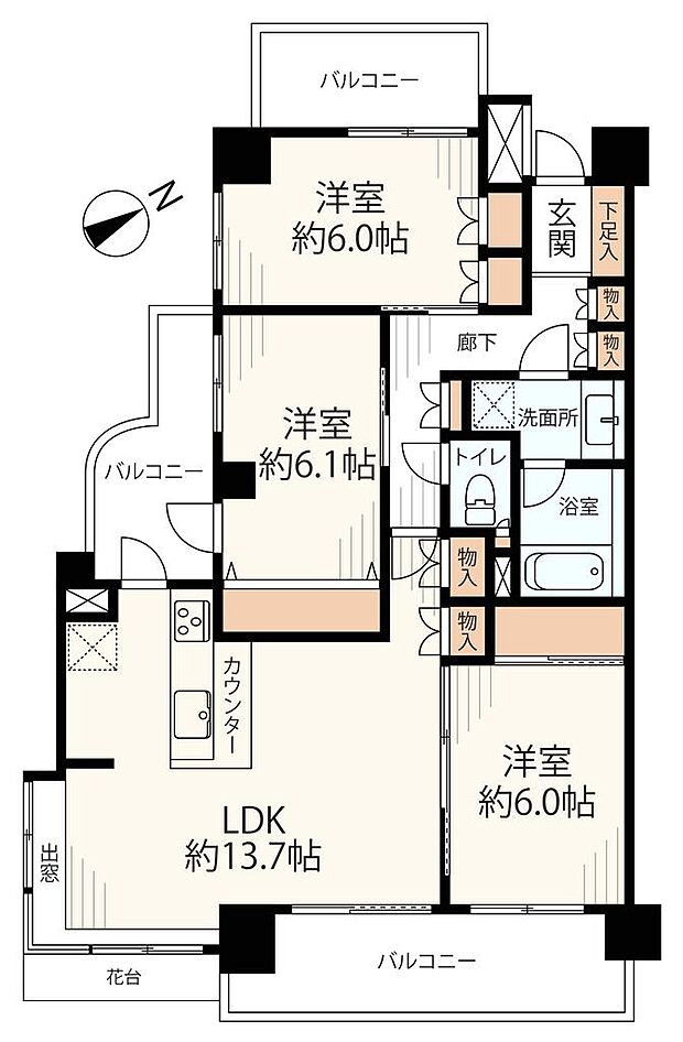 横浜東寺尾パークホームズ 最上階角部屋(3LDK) 5階の間取り