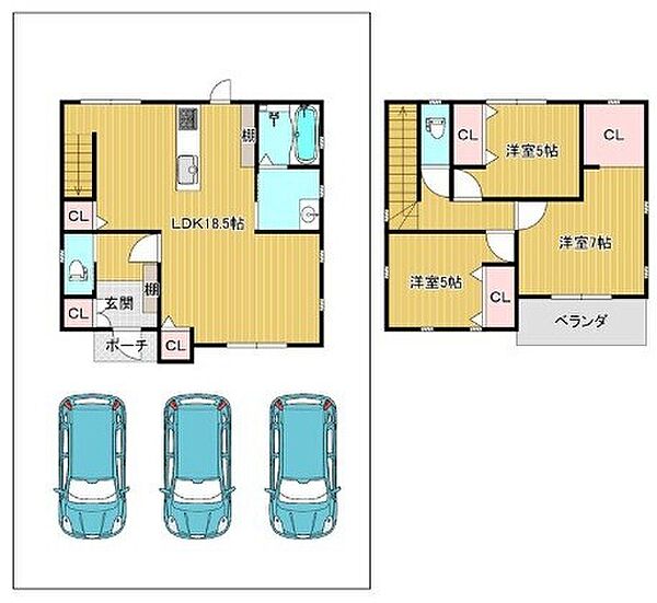 【間取図】◆3ＬＤＫの住まいです◆駐車スペース3台分有り◆季節の移ろいを身近に感じる、自然豊かな閑静な住宅地◆たっぷりの陽光と心地よい風が舞い込む住まい