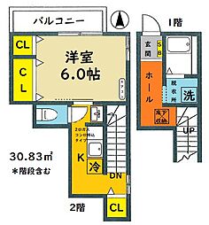 トレス長崎 2階1Kの間取り