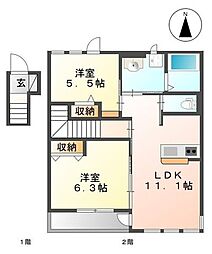 JR高徳線 屋島駅 徒歩4分の賃貸アパート 2階2LDKの間取り