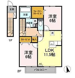 JR予讃線 鬼無駅 徒歩12分の賃貸アパート 2階2LDKの間取り