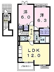 JR瀬戸大橋線 坂出駅 4.7kmの賃貸アパート 2階2LDKの間取り