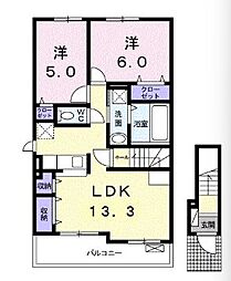 JR予讃線 丸亀駅 3.2kmの賃貸アパート 2階2LDKの間取り