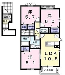 JR予讃線 宇多津駅 3.7kmの賃貸アパート 2階3LDKの間取り