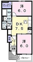 JR予讃線 宇多津駅 4.4kmの賃貸アパート 1階2DKの間取り