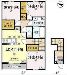 JR予讃線 宇多津駅 3.2kmの賃貸アパート 2階3LDKの間取り