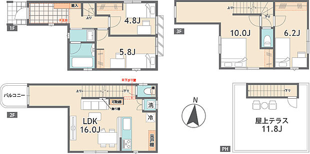 B号棟は4階に約11帖の屋上テラス付き4LDKでございます。