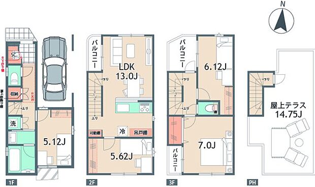 3号棟は14帖の屋上テラス付き3階建て4LDKでございます。　