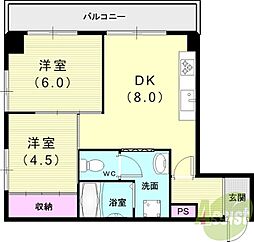 朝日プラザ湊川 2DKの間取図画像