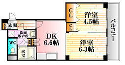 JR可部線 可部駅 徒歩9分の賃貸マンション 2階2DKの間取り