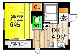 JR可部線 中島駅 徒歩6分の賃貸マンション 3階1DKの間取り