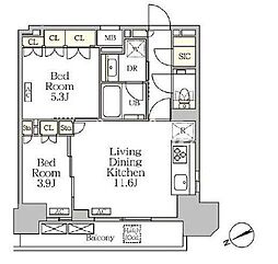ザ・パークハビオ大森山王 1606 16階2LDKの間取り