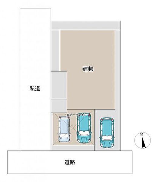 敷地図です。お車は駐車場拡張工事で並列で3台可能になりました。