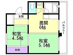 パークヒルズ真々地1 2DKの間取図画像
