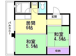 パークヒルズ真々地1 2DKの間取図画像