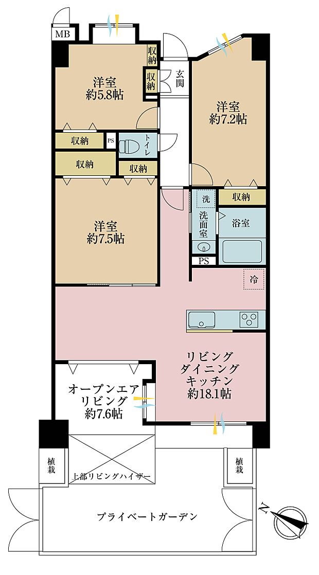 3ＬＤＫ、専有面積80．01平米、オープンエアリビング面積12．32平米