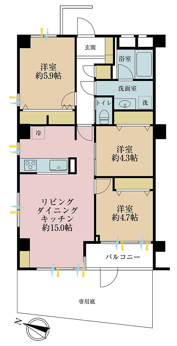 3ＬＤＫ、専有面積67．53平米、バルコニー面積4．62平米