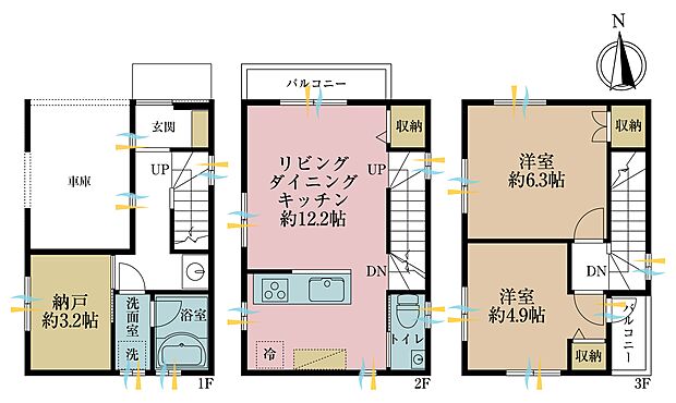 2SLDK、土地面積42.95平米、建物面積76.84平米