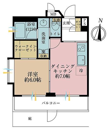 1LDK、専有面積32.86平米、バルコニー面積6.16平米、専有庭面積10.4平米